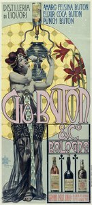 Poster pubblicitario della distilleria di liquori Gio Buton e C Bologna