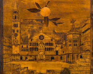 Coro canonico ligneo, intarsiato da Giovanni Maria Platina 1484, stallo superiore