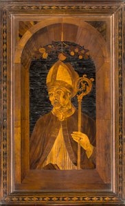 Coro canonico ligneo, intarsiato da Giovanni Maria Platina 1484, Stallo superiore, Sant