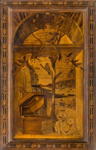Coro canonico ligneo, intarsiato da Giovanni Maria Platina 1484, stallo superiore