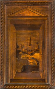 Coro canonico ligneo, intarsiato da Giovanni Maria Platina 1484, stallo superiore