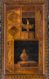 Coro canonico ligneo, intarsiato da Giovanni Maria Platina 1484, stallo superiore
