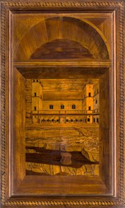 Coro canonico ligneo, intarsiato da Giovanni Maria Platina 1484, stallo superiore