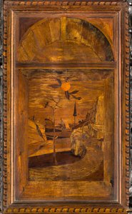 Coro canonico ligneo, intarsiato da Giovanni Maria Platina 1484, stallo superiore