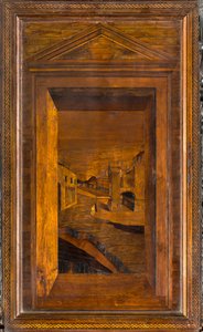 Coro canonico ligneo, intarsiato da Giovanni Maria Platina 1484, stallo superiore