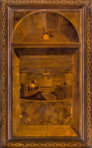 Coro Canonico Ligneo, Intarsiato da Giovanni Maria Platina 1484, Stallo Superiore, Vista del Castello Sforzesco di Milano