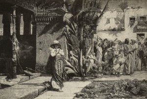 Maddalena, donna con turbante e processione in villaggio mediorientale, incisione dei fratelli Cantagalli da dipinto di Giovanni Muzzioli (1854-1894), Modena, Italia da L