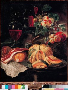 Natura morta con zucca, pancetta, prosciutto, pesche e vino. Dipinto di Giovan Paolo Castelli detto Lo Spadino (1659-1730) 1703 Roma, Museo dei Conservatori capitolini da Giovanni Paolo Castelli