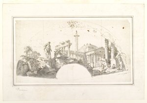 Design per un ventaglio: Capriccio con rovine romane ed Ercole Farnese da Giovanni Paolo Panini