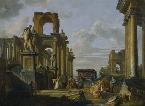 Capriccio architettonico del Foro Romano con filosofi e soldati tra antiche rovine da Giovanni Paolo Pannini