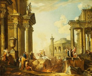 Marco Curzio che salta nel baratro, un capriccio con la colonna di Traiano e altri edifici classici sullo sfondo da Giovanni Paolo Pannini