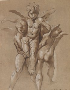 Due putti che portano un terzo putto (recto); Un giovane con un bastone (verso) da Giovanni Pietro Possenti