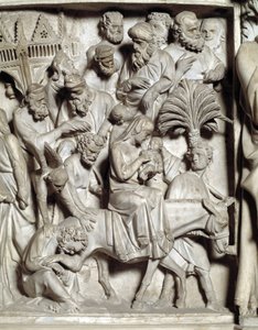 (dettaglio) dei rilievi del Pulpito di Marmo, fuga in Egitto da Giovanni Pisano