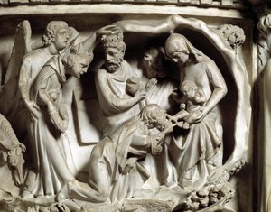 (dettaglio) dei rilievi del Pulpito di Marmo, adorazione dei magi da Giovanni Pisano