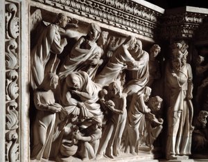 (dettaglio) dei rilievi del Pulpito di Marmo, annunciazione, visitazione e nascita di San Giovanni Battista da Giovanni Pisano