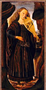 La Musa Tersicore, ca 1480, di Giovanni Santi (1430 o 1440-1494), legno, cm 82x39. Italia da Giovanni Santi