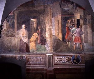San Benedetto che ripara il setaccio rotto, dettaglio dal ciclo di affreschi della Vita di San Benedetto dal Chiostro degli Aranci da Giovanni di Consalvo (attr. to)