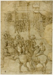 Corteo mitologico (recto); Iscrizioni illeggibili e studi anatomici della testa (verso)