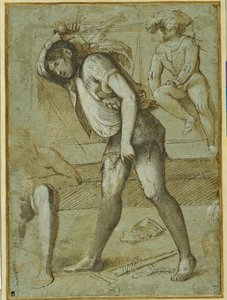 Un boia sta per decapitare un santo barbuto (penna e inchiostro marrone con lavaggio e colore bianco su carta)