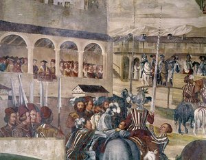 Torneo in onore di Cristiano I di Danimarca al Castello di Malpaga, (dettaglio) 1520-30 da Girolamo Romanino