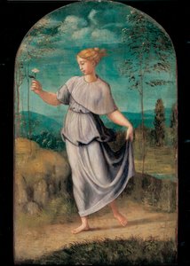 Giovane donna che tiene un fiore con un ampio paesaggio oltre