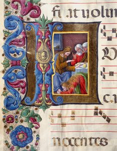 Lettera decorata raffigurante Maria Maddalena ai piedi di Gesù