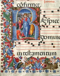 Lettera decorata raffigurante Cristo e il lebbroso
