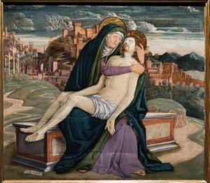 Compianto, di Gerolamo da Treviso il Vecchio, c.1495-7. Sullo sfondo una città fortificata che potrebbe rappresentare un villaggio veneziano come Soave o Marostica.