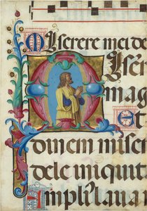Illustrazione del manoscritto con Davide in preghiera in una iniziale M, da un Salterio