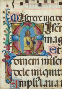 Illuminazione del manoscritto con Davide in preghiera in una iniziale M, da un Salterio, italiano