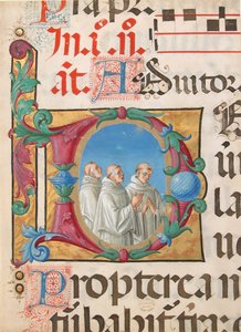 Illustrazione di Manoscritto con Monaci Cantanti in una Iniziale D, da un Salterio, Italiano, 1501-2