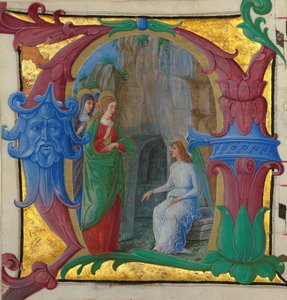 Illuminazione del manoscritto con le donne sante al sepolcro in una iniziale A, italiano