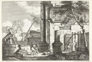Rovine antiche con saccheggiatori di tombe e palma (paesaggi italiani) da Giuliano Giampiccoli