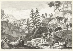 Paesaggio montano con cavalieri che conducono cavalli in discesa (Paesaggi italiani) da Giuliano Giampiccoli