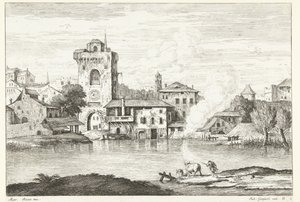 Veduta di città con torre sull