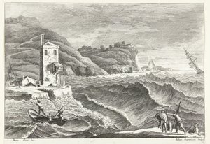 Paesaggio costiero con tempesta in mare e faro da Giuliano Giampiccoli