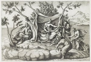 Latona dà alla luce Apollo e Diana, inciso da Diana Mantovana da Giulio (after) Romano