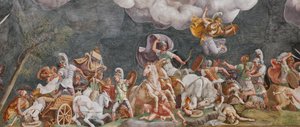 Una battaglia, (dettaglio) Il Cavallo di Troia, Camera di Troia (Sala di Troia) da Giulio (and workshop) Romano