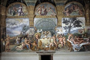 Il nobile banchetto che celebra il matrimonio di Cupido e Psiche, parete sud della Stanza di Cupido e Psiche, c.1527-31 (affresco) da Giulio (and workshop) Romano