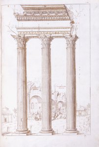 Le colonne del tempio di Castore e Polluce, con il tempio della Pace sullo sfondo, c.1550 da Giulio (circle of) Romano