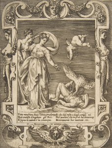 Un avvoltoio che mangia le interiora di Tizio, Cupido sopra due donne a sinistra, inserito in una cornice elaborata, 1531-76