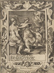 Atena seduta vicino a Giunone che ha preso le frecce di Cupido, inserita in una cornice elaborata da Giulio Bonasone