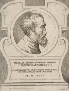 Ritratto busto di Michelangelo rivolto a destra, inserito in un cartiglio