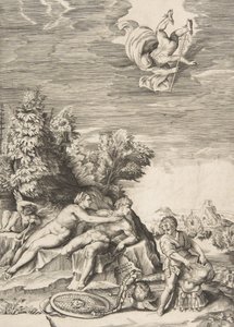 Calipso che cerca di trattenere Ulisse mentre un bambino prepara la sua armatura a destra e Mercurio vola via, 1531-76 da Giulio Bonasone