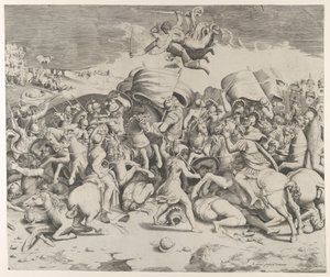 Costantino sconfigge il tiranno Massenzio, angeli con spade volano sopra, 1544