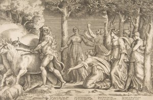 Ercole che scaccia il bestiame di Gerione, a destra le ninfe delle Esperidi, 1531-76