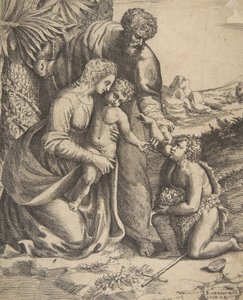 Sacra Famiglia con San Giovanni Battista che si inginocchia a destra, 1531-76 da Giulio Bonasone