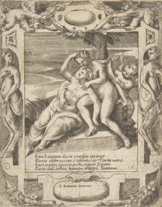 Issione che abbraccia una nuvola, pensando che sia Giunone, Cupido a destra, inserito in un elaborato..., 1531-76 da Giulio Bonasone