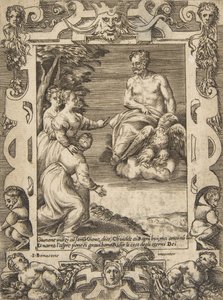 Giunone a sinistra chiede a Giove di aiutare i Greci, inserito in una cornice elaborata da Giulio Bonasone