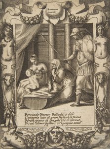 Giunone persuade Atena a nutrire il giovane Ercole, inserita in una cornice elaborata, da, 1531-76 da Giulio Bonasone